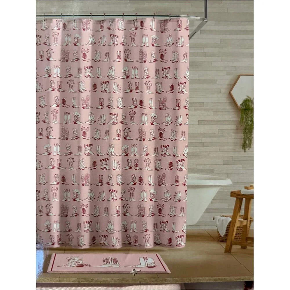 Wrangler Pink and Red Cowboy Boot Shower Curtain & Bath Rug Set